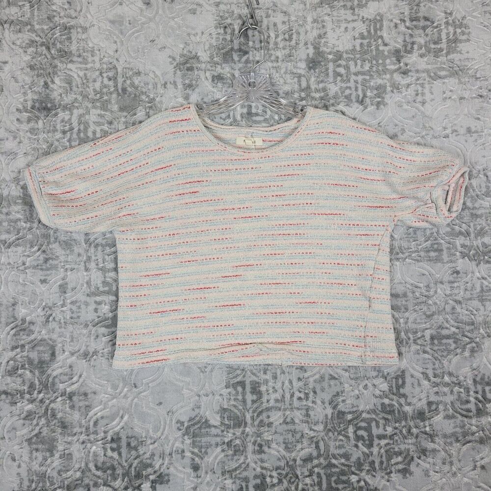 Madewell Shirt Womens Small Ivory Textured Puff Sleeve Top Cream Striped Crop